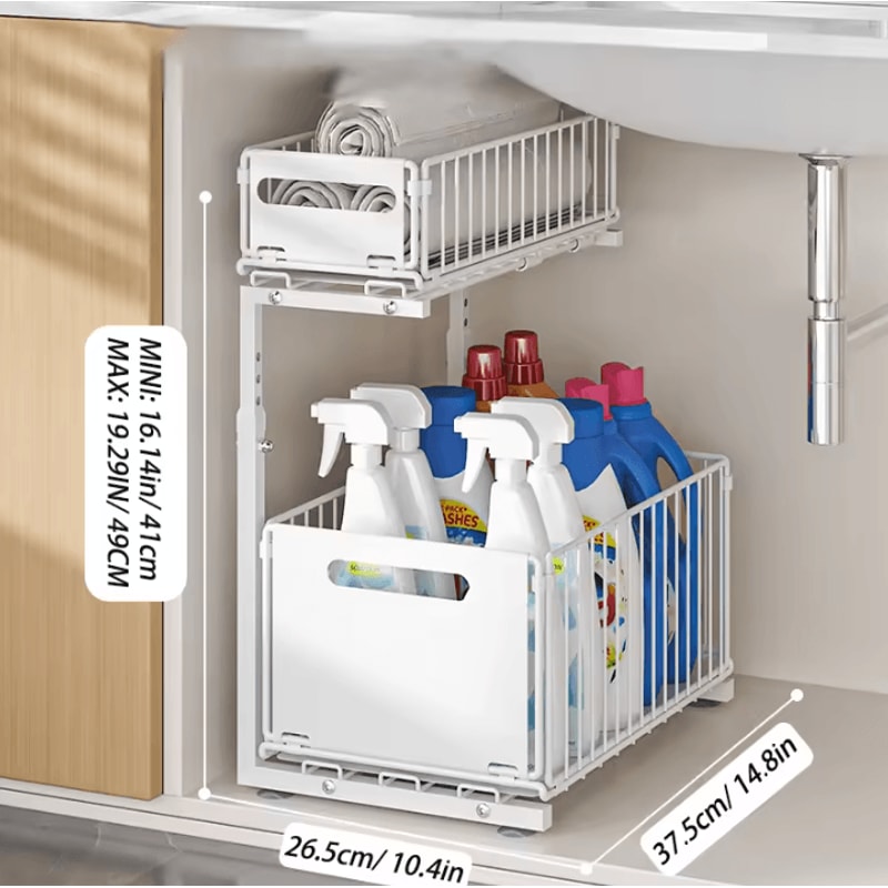DoubleLayer PullOut Under Sink Organizer Adjustable Height Sliding Storage Rack 4