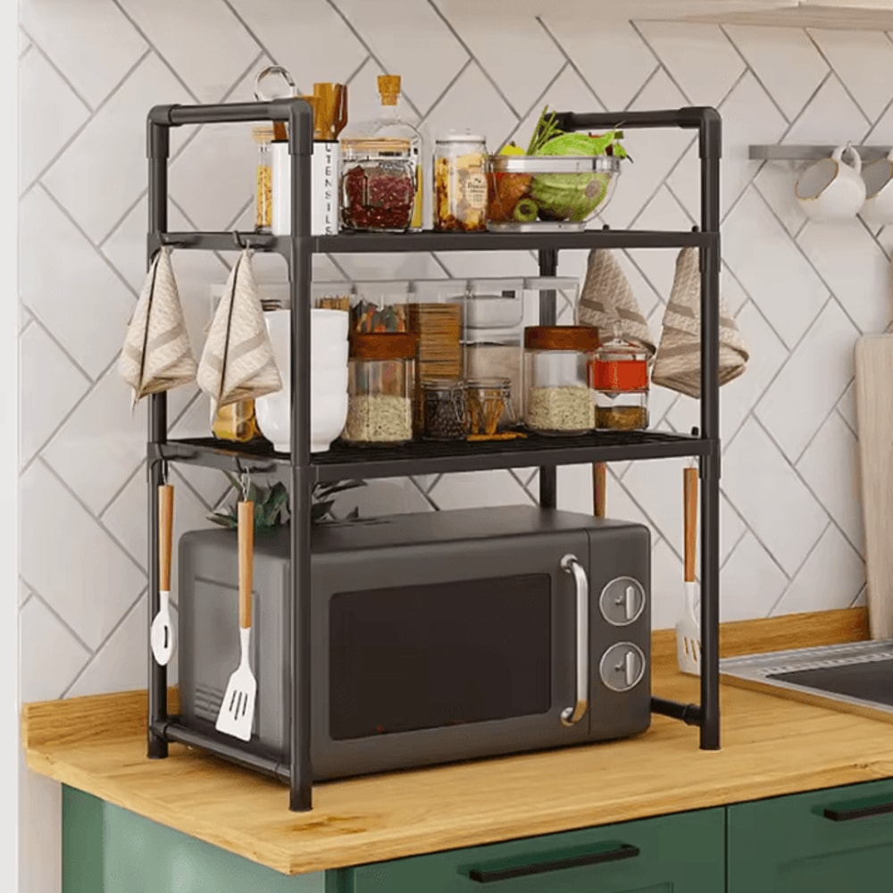 Expandable Microwave Shelf Rack Adjustable Kitchen Countertop Organizer With Hooks 0