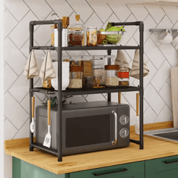 expandable microwave shelf rack – adjustable kitchen countertop organizer with hooks