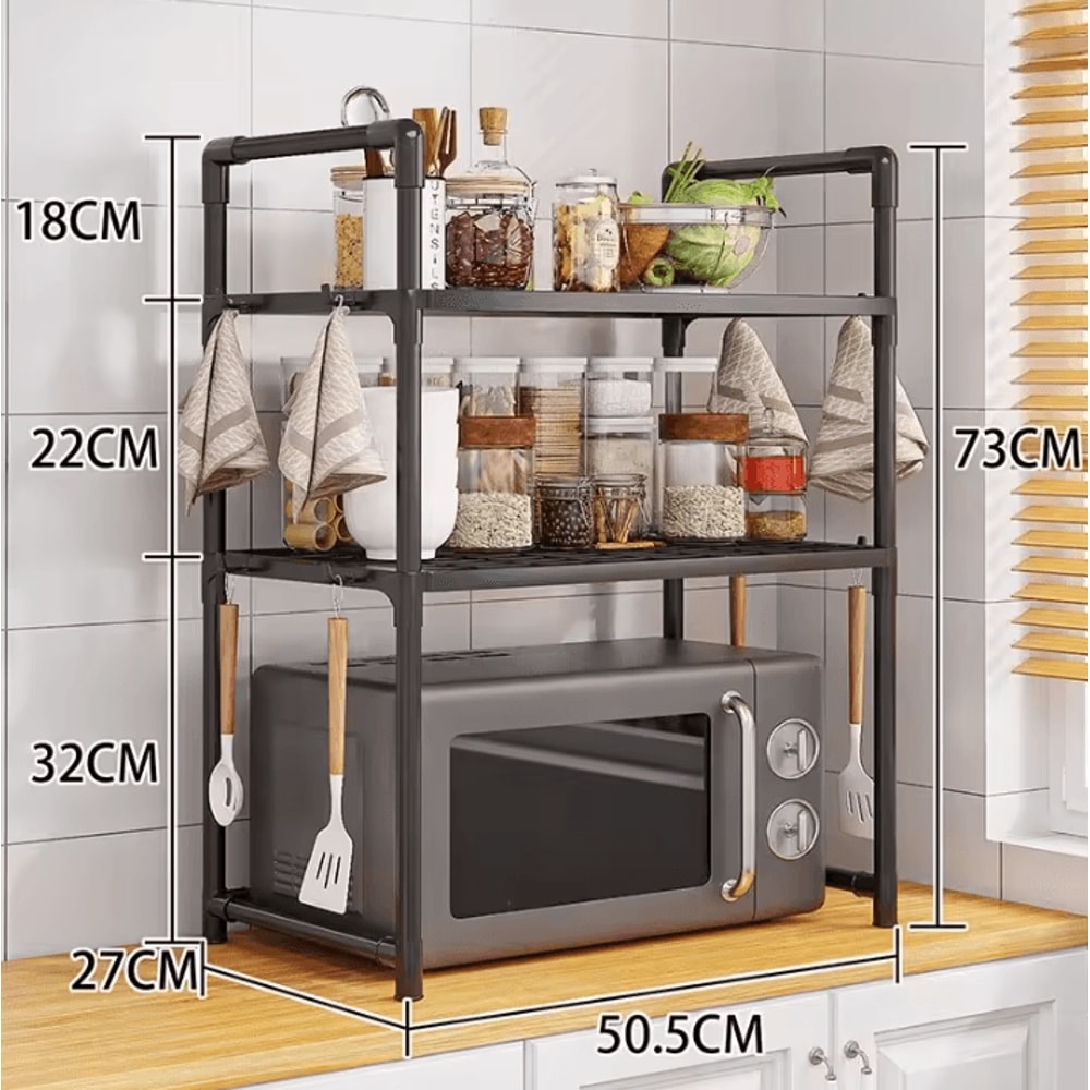 Expandable Microwave Shelf Rack Adjustable Kitchen Countertop Organizer With Hooks 4