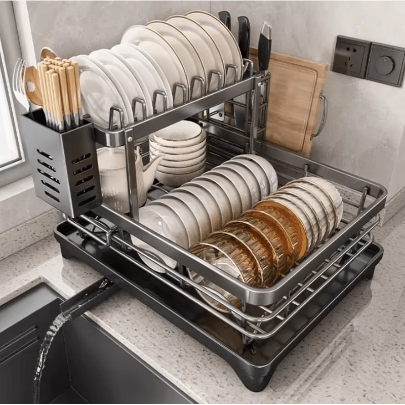 Adjustable OverSink Dish Drying Rack Stainless Steel Kitchen Organizer With Drainboard 0