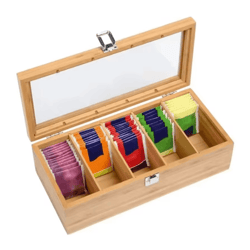 bamboo tea bag storage box – 5-compartment portable organizer