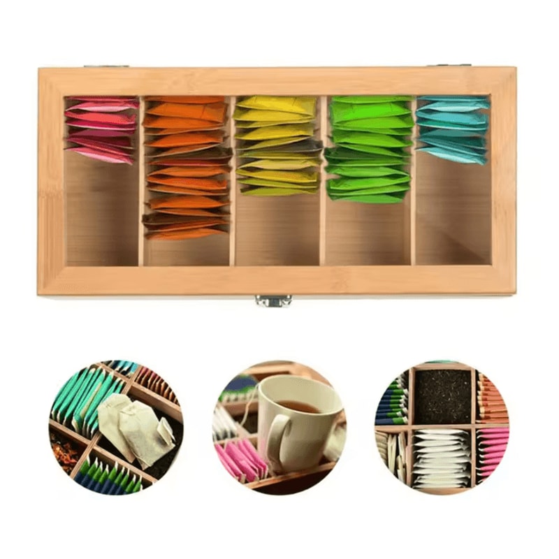 Bamboo Tea Bag Storage Box 5Compartment Portable Organizer 3