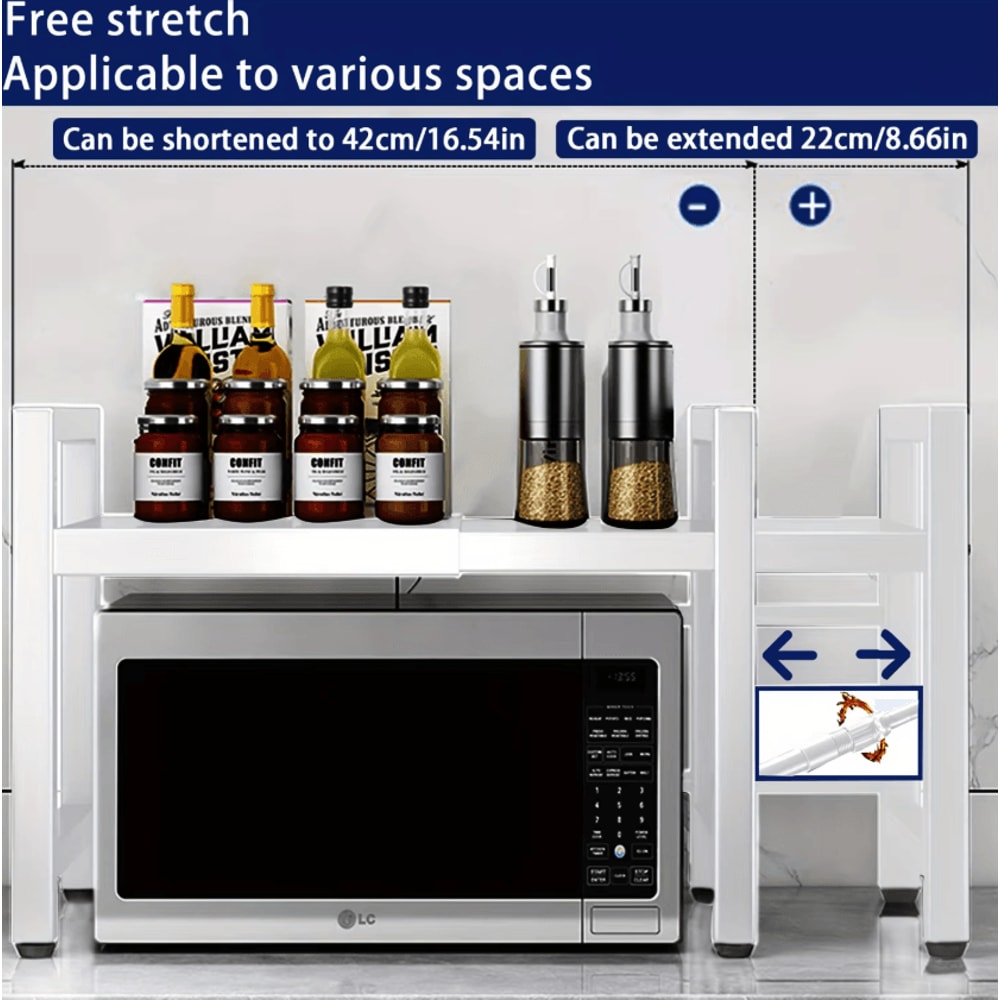 Expandable Microwave Shelf Rack Adjustable Kitchen Counter Organizer With 6 Hooks 4064cm 2