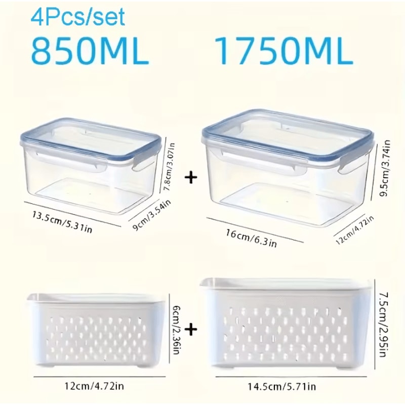 Fridge Food Storage Containers With Strainer Fresh Produce Saver Set For Fruits Vegetables Meat 4