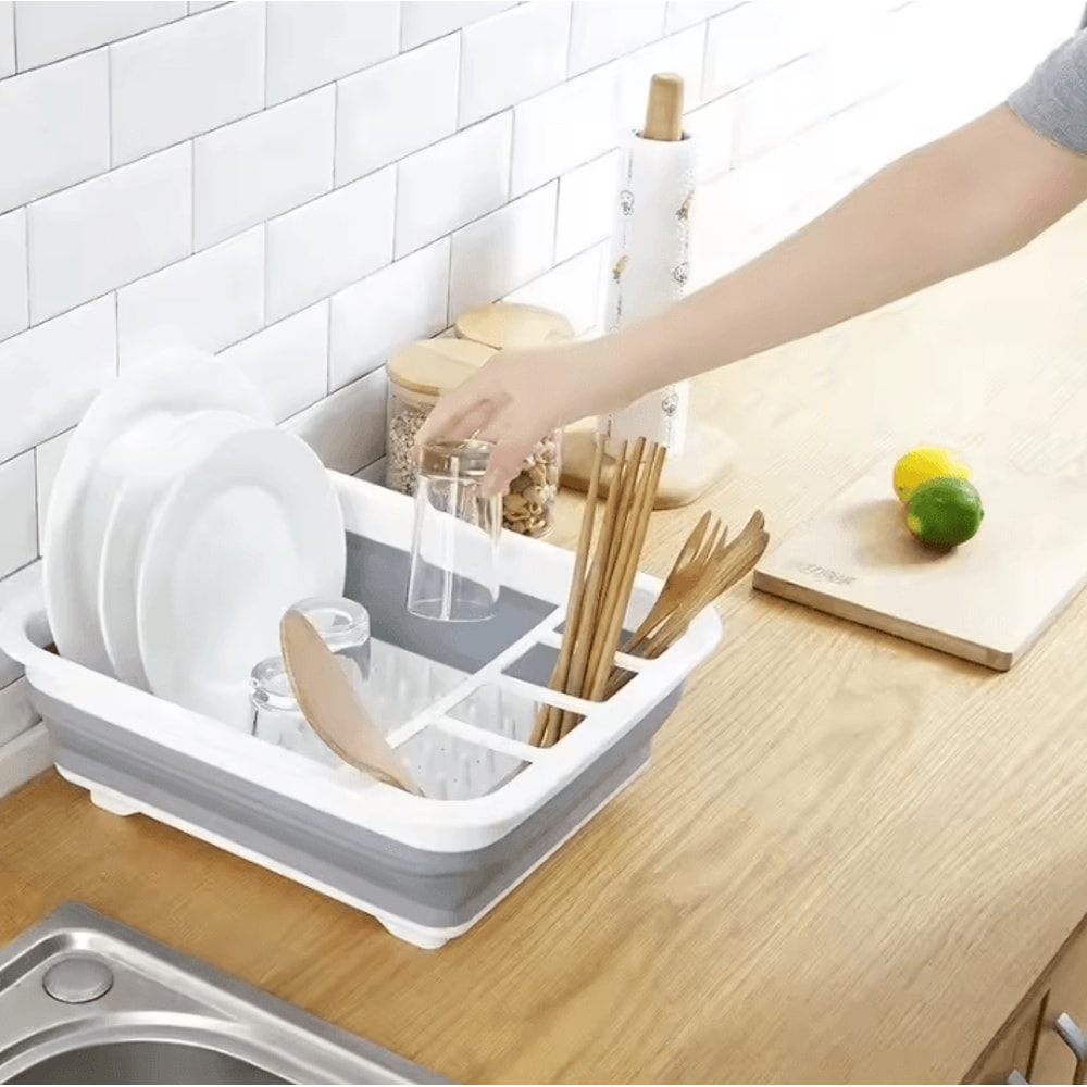 Foldable Dish Drying Rack With Drain Tray SpaceSaving Kitchen Organizer For Plates Bowls 2