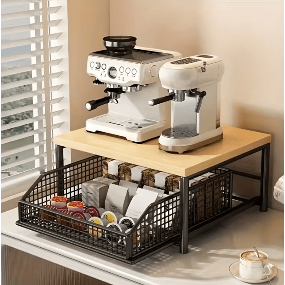 Modern Wooden Microwave Shelf Rack SpaceSaving Countertop Organizer With Metal Frame 0