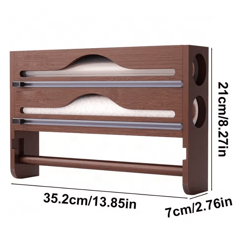Bamboo WallMounted Cling Film Foil Cutter Organizer 2Compartment Kitchen Storage With Paper Towel 3
