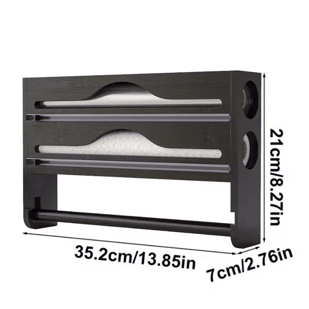 Bamboo WallMounted Cling Film Foil Cutter Organizer 2Compartment Kitchen Storage With Paper Towel 4