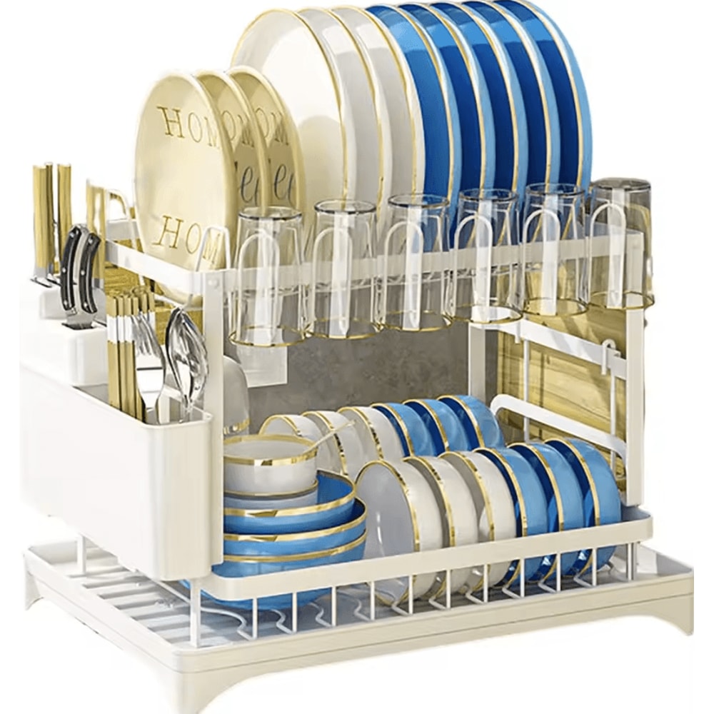 DryEase 2 Tier Dish Drying Rack Kitchen Dish Drying Rack Countertop Dish Drainer With Drip Tray Met 4