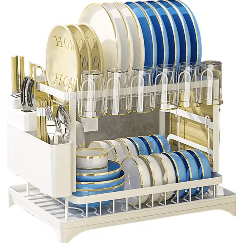 DryEase 2 Tier Dish Drying Rack Kitchen Dish Drying Rack Countertop Dish Drainer With Drip Tray Met 4