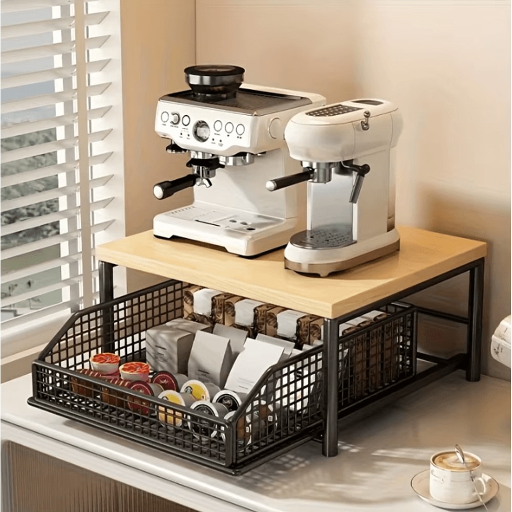 WoodLift Modern Microwave Storage Rack Microwave Storage Rack Kitchen Counter Organizer Wooden Meta 0