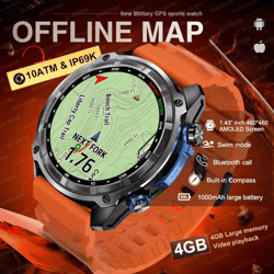 military offline map gps smartwatch with 4gb memory, 1000mah battery & amoled display