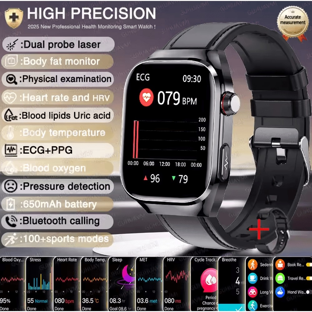 AI Laser Health Smartwatch With ECG PPG Uric Acid Blood Lipids Monitor 5