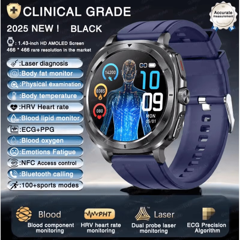 AI Laser Health Smartwatch With ECG PPG Uric Acid Blood Lipid Analysis 3