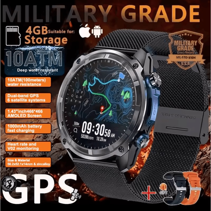 TRex 3 Pro Military GPS Smartwatch With Offline Maps 4GB Storage 1000mAh Battery 4