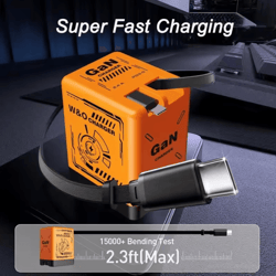 voltmini gan fast charging adapter with retractable cable & multi-protection