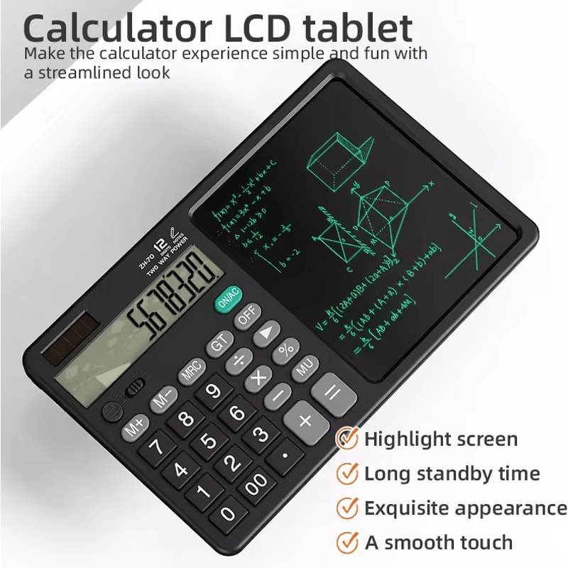 2in1 Calculator Writing Tablet Foldable 12Digit LCD Memo Pad With Stylus 0