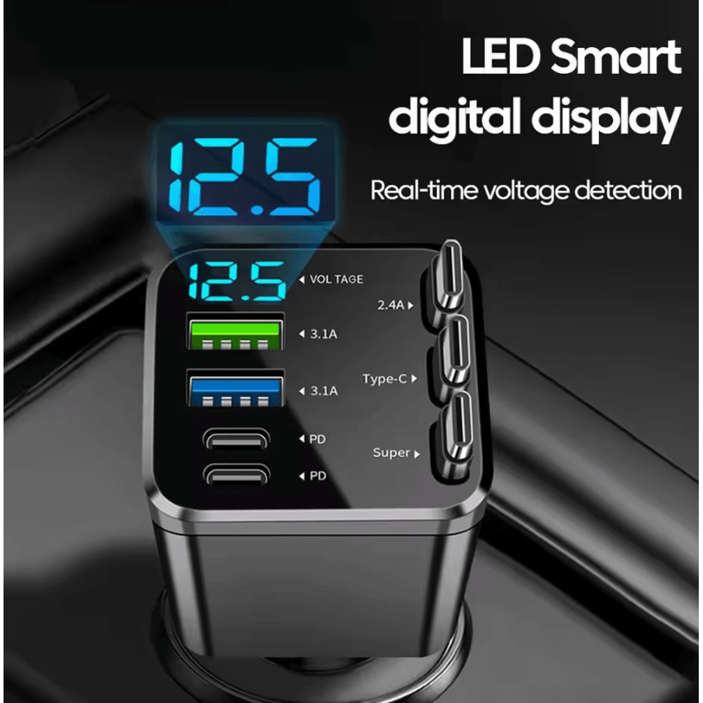 7in1 Retractable Car Charger 120W Fast Charging MultiPort USBC Adapter With LED Cable 2