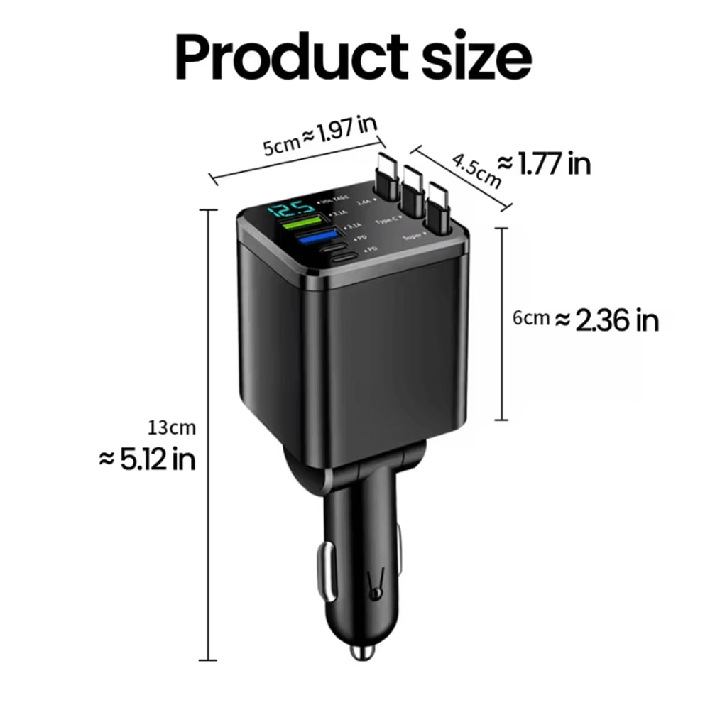 7in1 Retractable Car Charger 120W Fast Charging MultiPort USBC Adapter With LED Cable 4