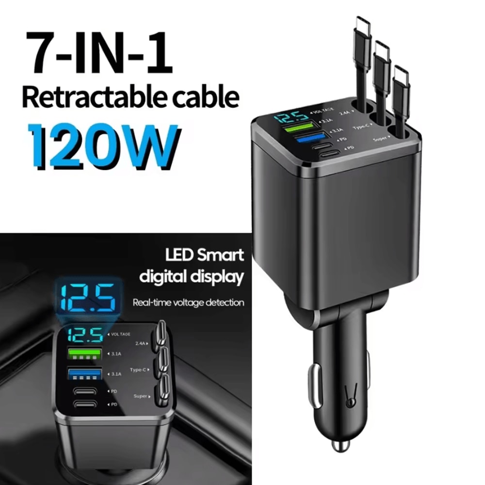 7in1 Retractable Car Charger 120W Fast Charging MultiPort USBC Adapter With LED Cable 5