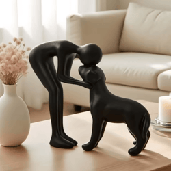 elegant black dog & owner sculpture – minimalist resin pet lover decor