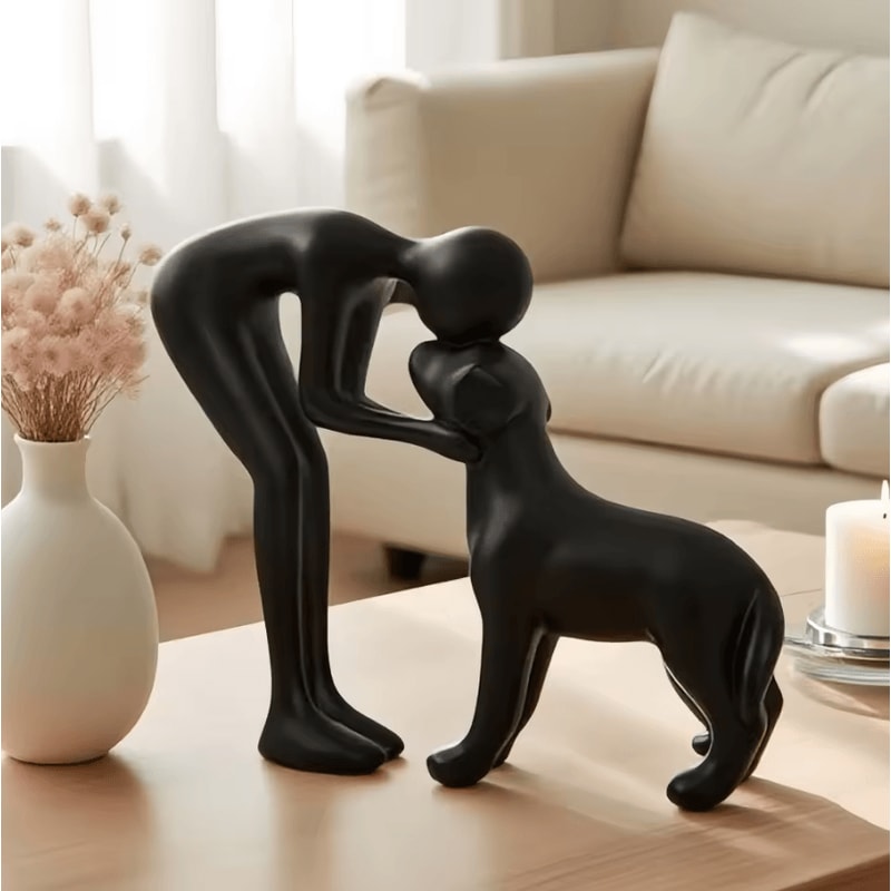 Elegant Black Dog Owner Sculpture Minimalist Resin Pet Lover Decor 0