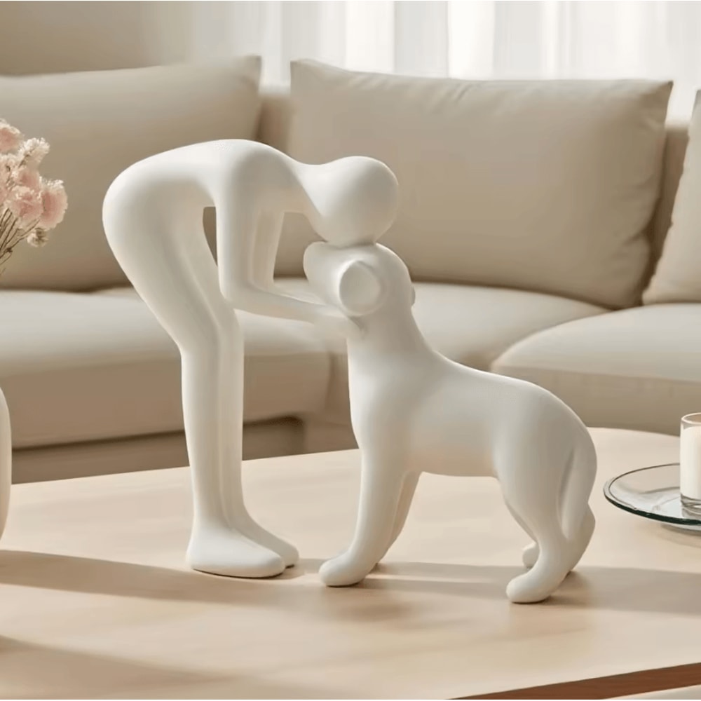 Elegant Black Dog Owner Sculpture Minimalist Resin Pet Lover Decor 1