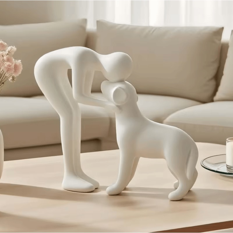 Elegant Black Dog Owner Sculpture Minimalist Resin Pet Lover Decor 1