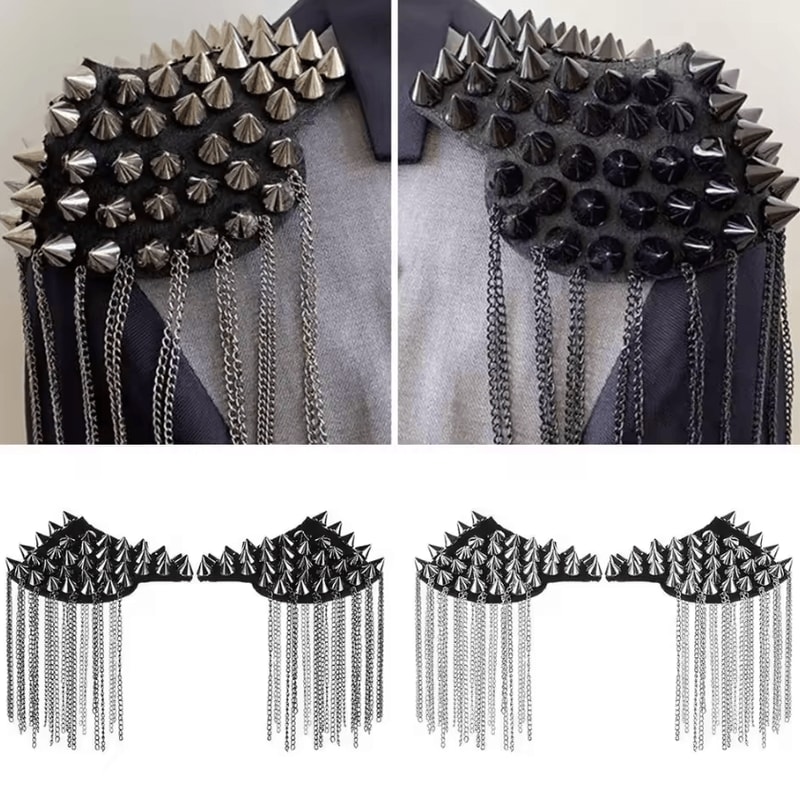 Punk Chain Tassel Shoulder Epaulet Brooch Metal Rivet Statement Shoulder Pads 1 Pair 0