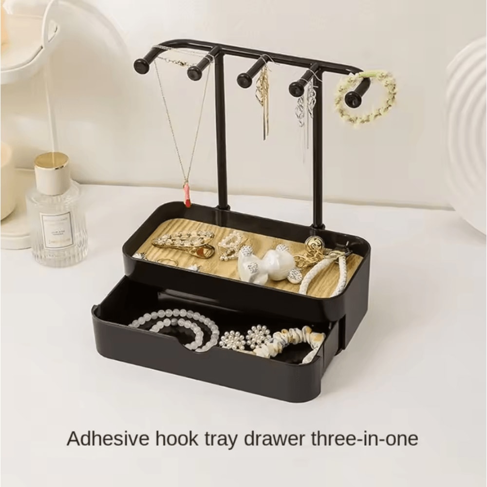 Elegant Wooden Jewelry Organizer Stand With Drawer Necklace Earring Display Rack 0