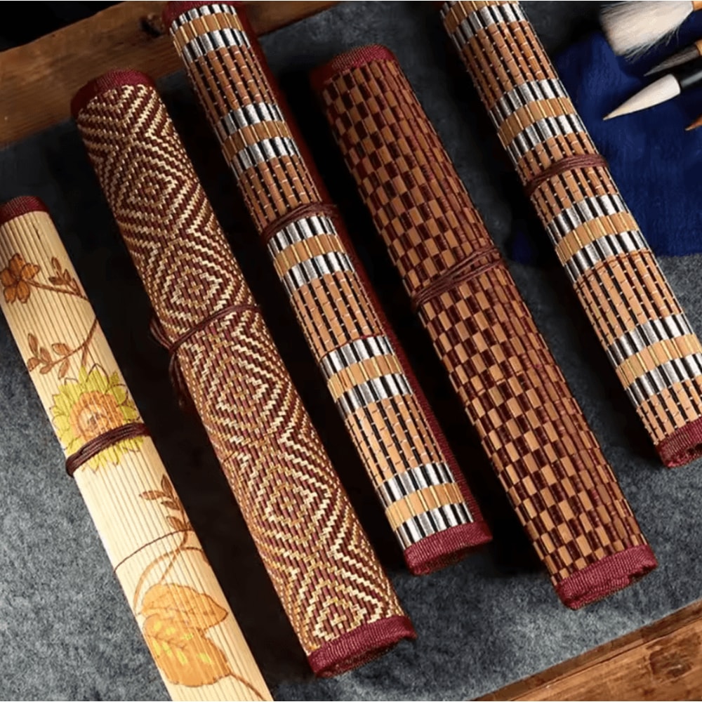 Traditional Bamboo RollUp Brush Holder Large Capacity Calligraphy Art Supply Organizer 0