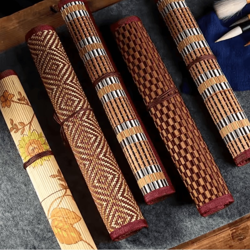 Traditional Bamboo RollUp Brush Holder Large Capacity Calligraphy Art Supply Organizer 0