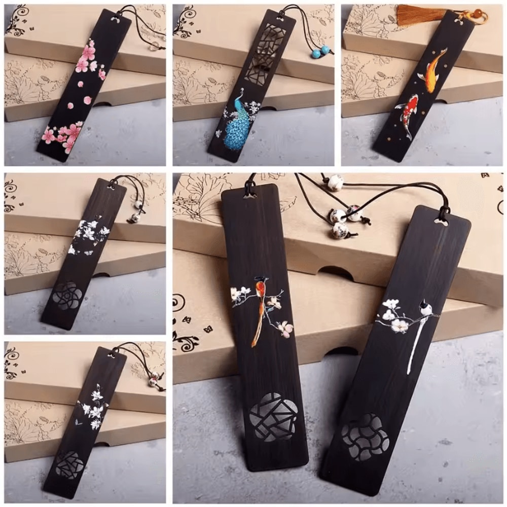Vintage Chinese Carved Wooden Bookmark Ebony Book Clip With Artistic Retro Design 0