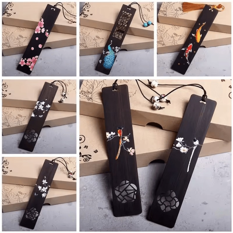 Vintage Chinese Carved Wooden Bookmark Ebony Book Clip With Artistic Retro Design 0