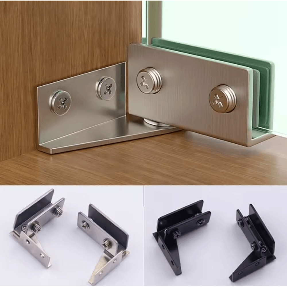 2PCS Zinc Alloy Glass Door Hinges NoDrill Frameless Cabinet Clamp Set 0