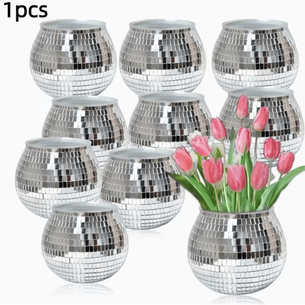 DiscoGlow Mirror Ball Planter Vase Sparkling Silver Glass Flower Pot Decor 0