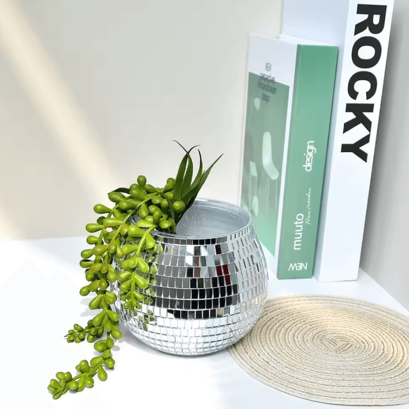 DiscoGlow Mirror Ball Planter Vase Sparkling Silver Glass Flower Pot Decor 1