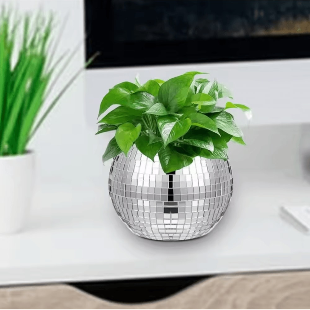 DiscoGlow Mirror Ball Planter Vase Sparkling Silver Glass Flower Pot Decor 2