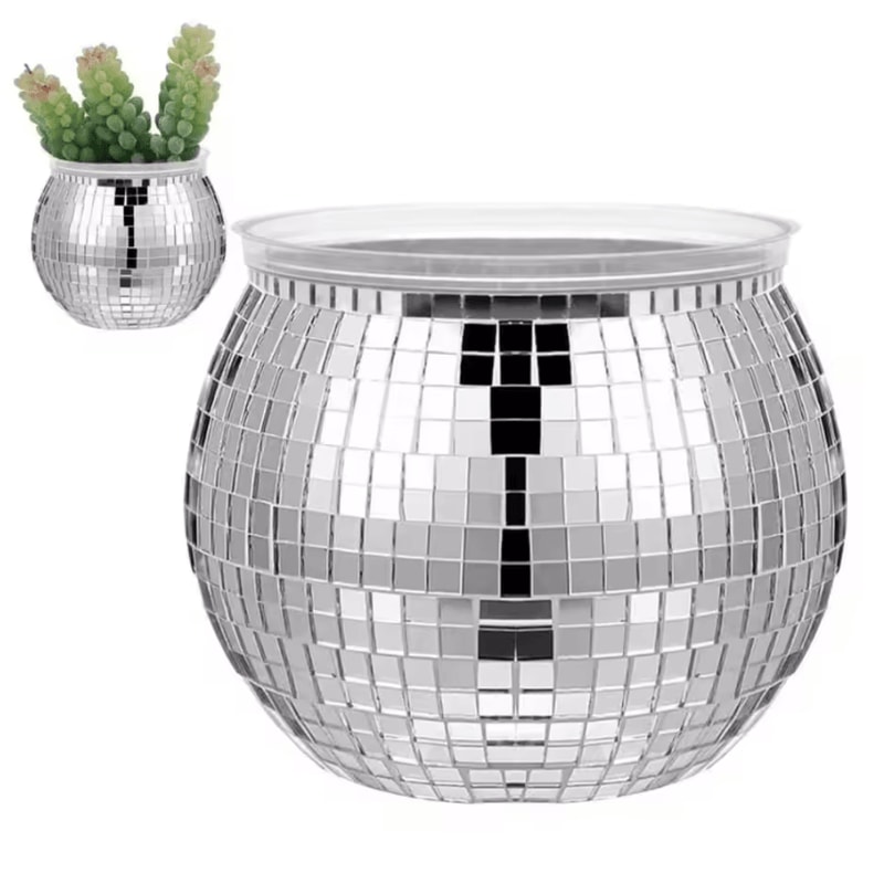 DiscoGlow Mirror Ball Planter Vase Sparkling Silver Glass Flower Pot Decor 3