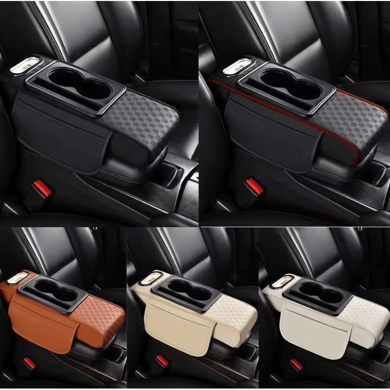 ComfortLift PU Leather Armrest Cushion Multifunction Car Console Pad With Cup Holder Storage 0