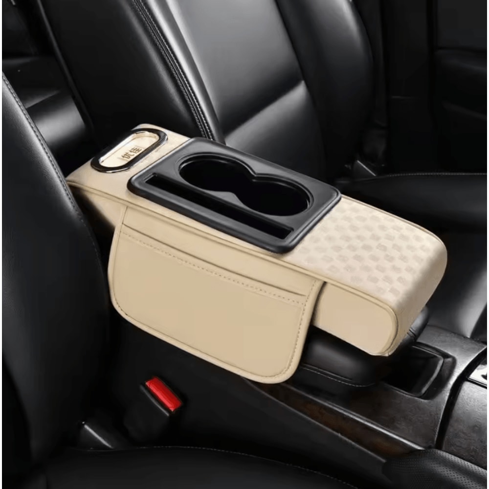 ComfortLift PU Leather Armrest Cushion Multifunction Car Console Pad With Cup Holder Storage 1
