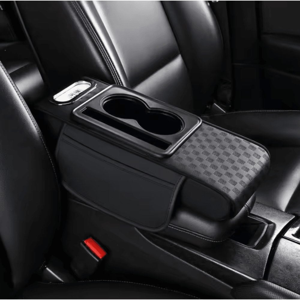 ComfortLift PU Leather Armrest Cushion Multifunction Car Console Pad With Cup Holder Storage 2