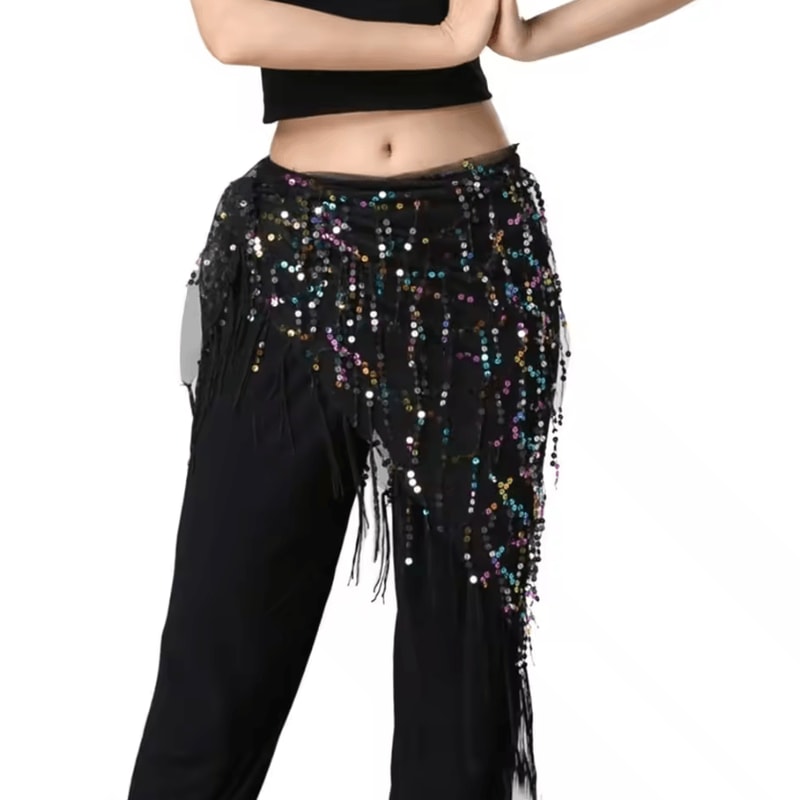 Shimmering Sequin Belly Dance Hip Scarf Tassel Waist Belt For Performance Festivals 8