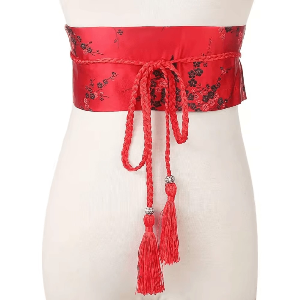 Vintage Floral Satin Obi Corset Belt Japanese Kimono Waist Wrap With Bow 2