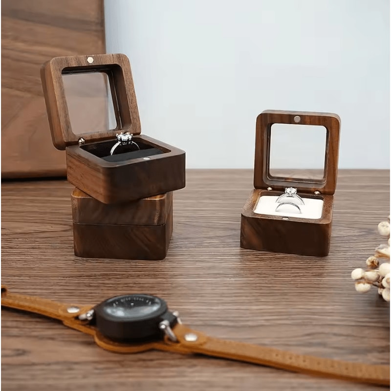 Romantic Wooden Ring Display Box Elegant Engagement Wedding Keepsake Holder 0