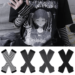 striped knit fingerless arm warmers – elastic long sleeve winter gloves for style & warmth