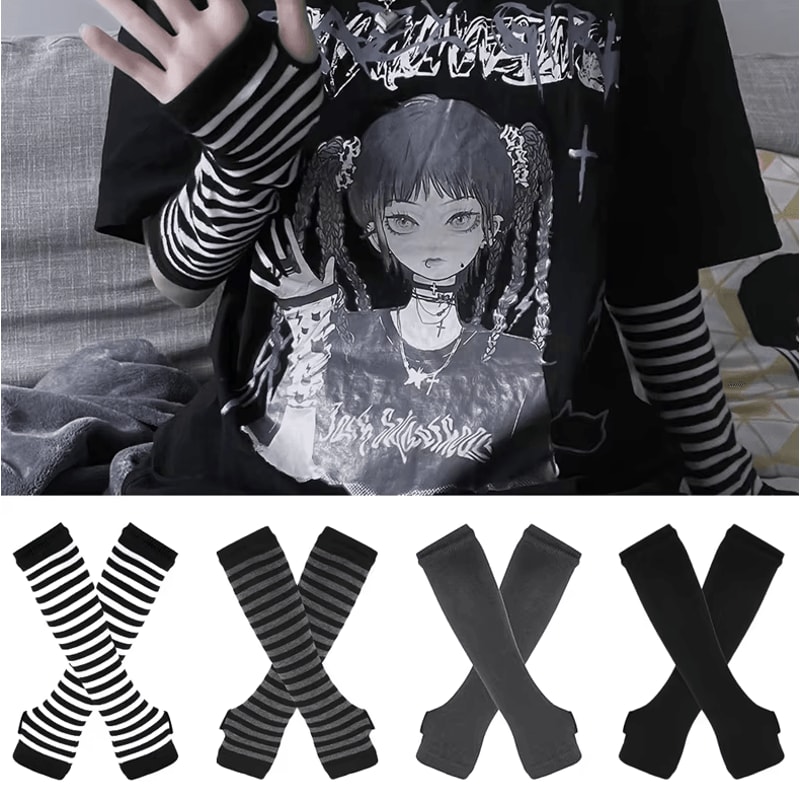 Striped Knit Fingerless Arm Warmers Elastic Long Sleeve Winter Gloves For Style Warmth 0