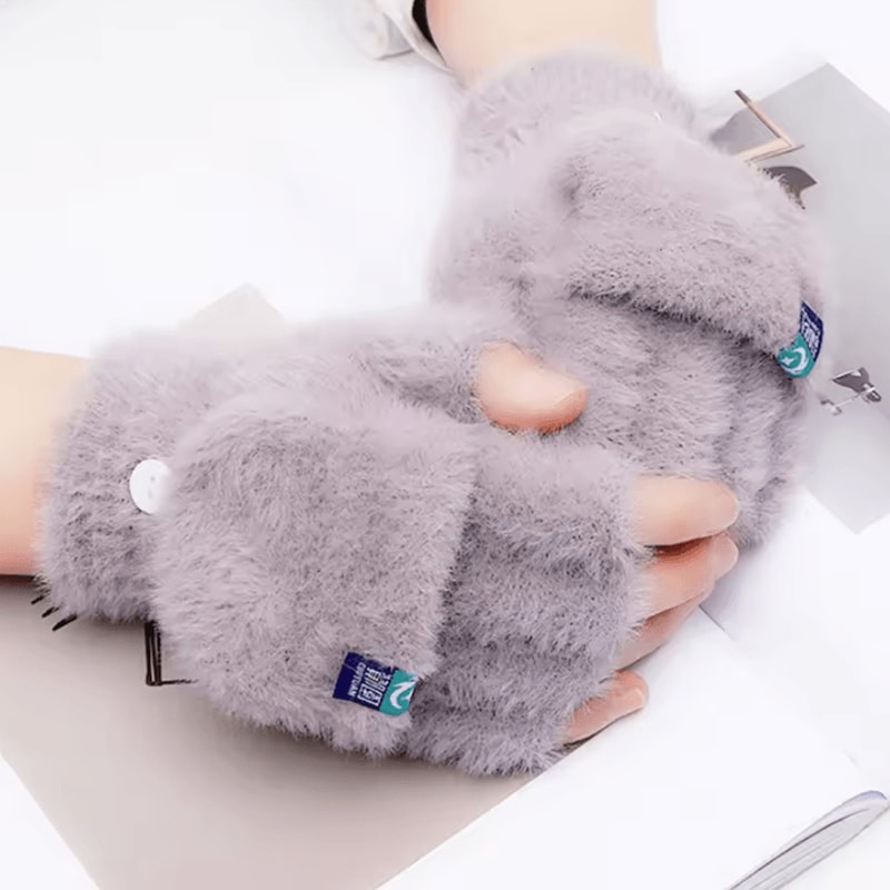 Plush FlipTop Fingerless Winter Gloves Soft Warm Convertible Mittens For Women 1