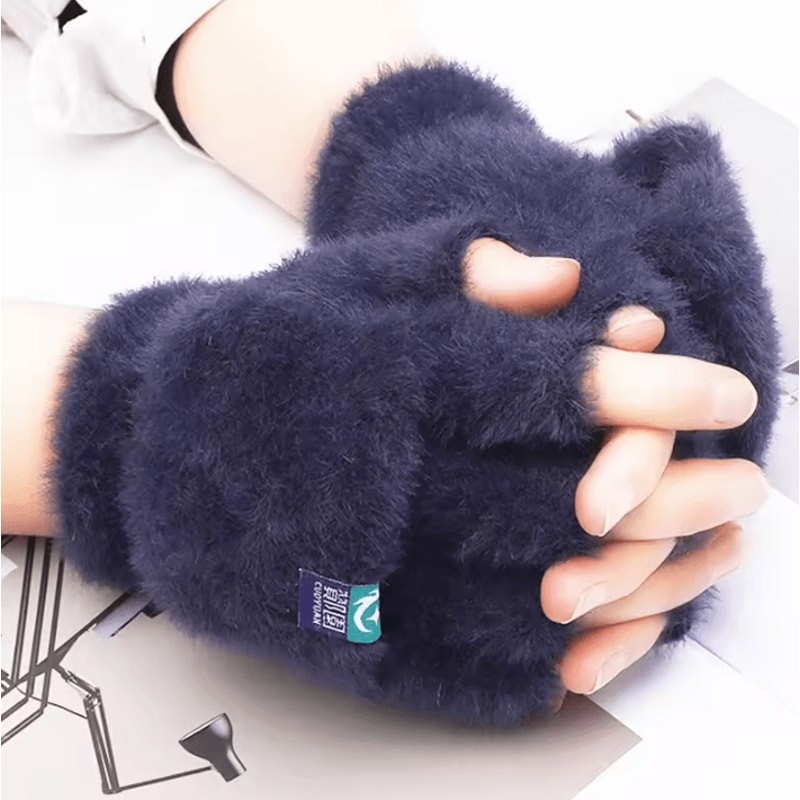 Plush FlipTop Fingerless Winter Gloves Soft Warm Convertible Mittens For Women 2